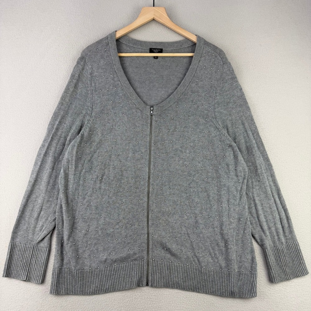 Talbots Studded Cardigan Sweater Women 3X Gray V-Neck Long Sleeve‎ Cotton